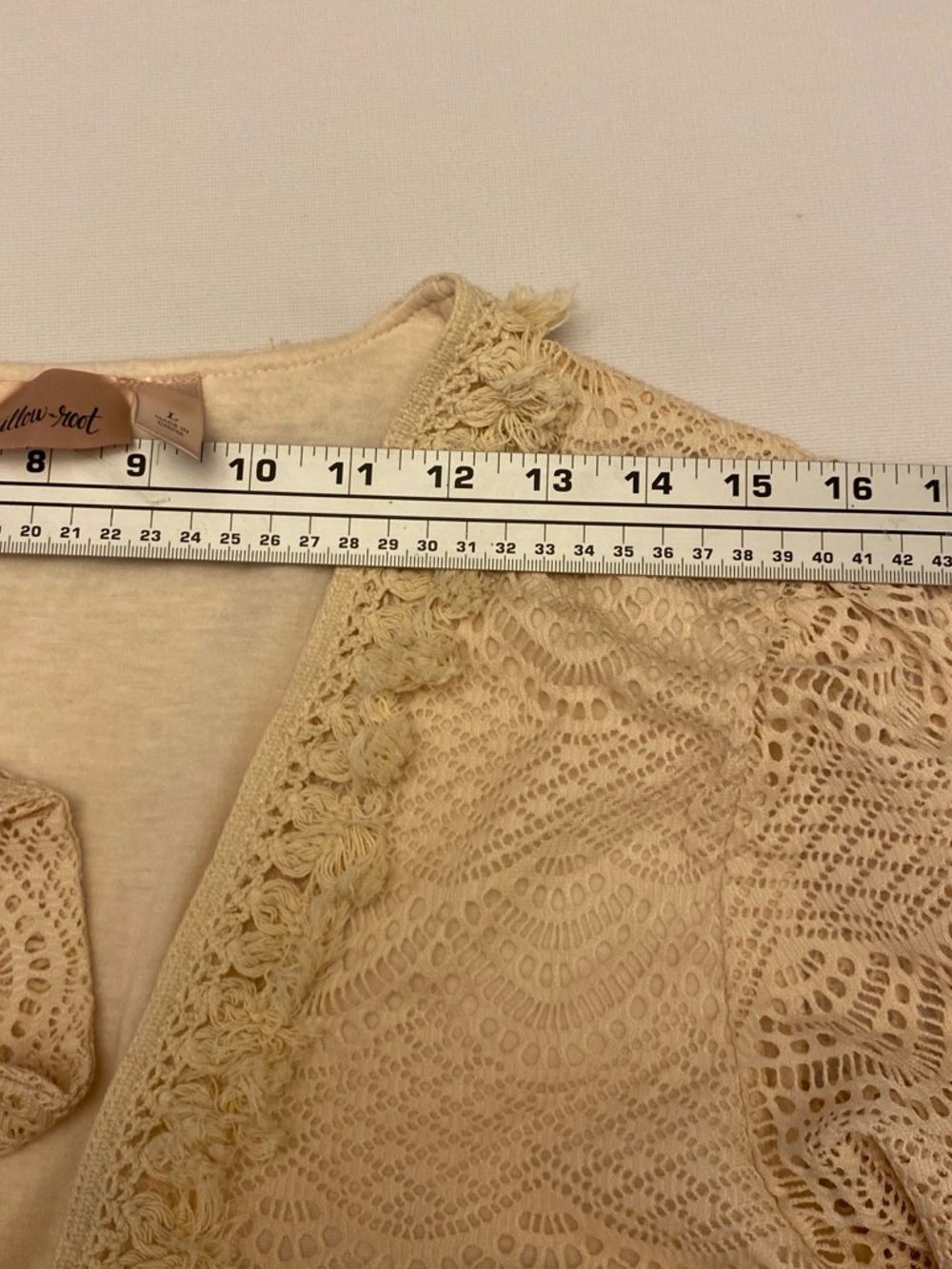 Free People Crochet Fringed Tie-Front Boho Top Cream sz Large Bell sleeves crop - Picture 6 of 8